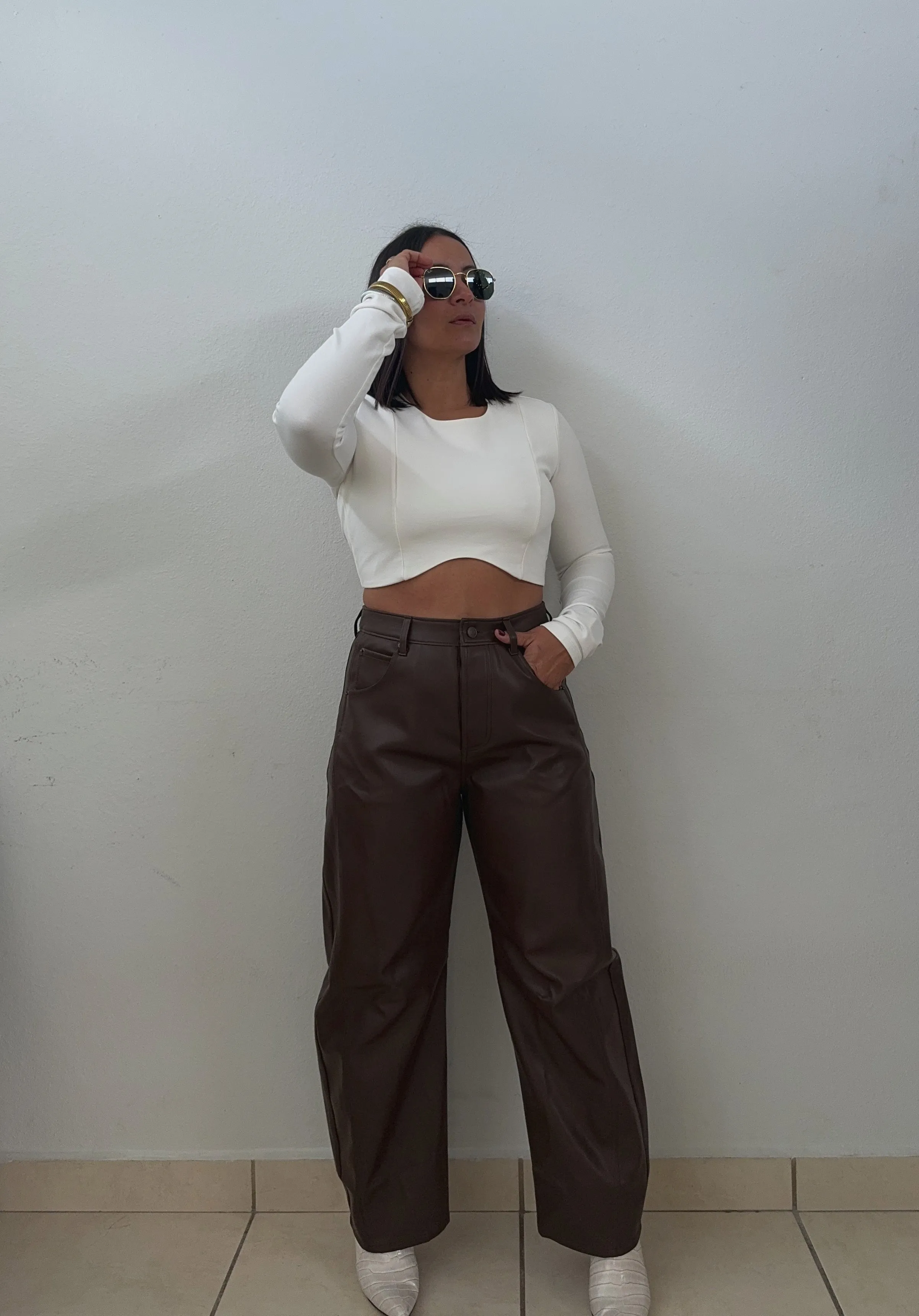 Brown Leather Barrel Pants