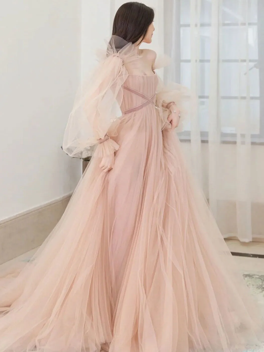 Champagne Aline Tulle Long Prom Dresses, Long Formal Graduation Dresses