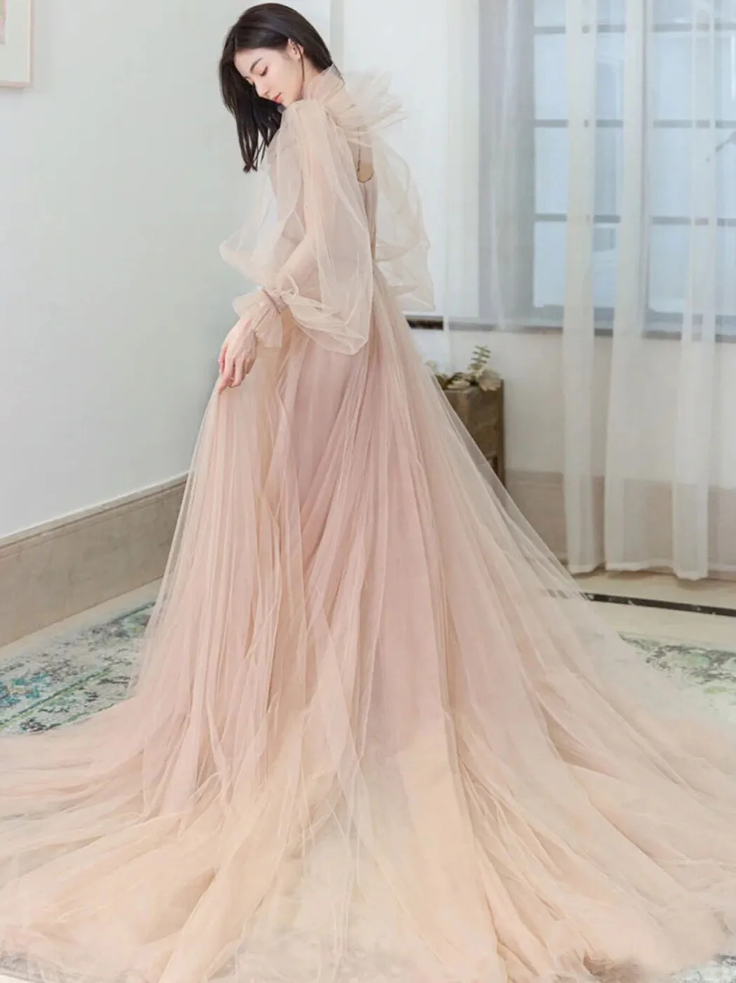 Champagne Aline Tulle Long Prom Dresses, Long Formal Graduation Dresses