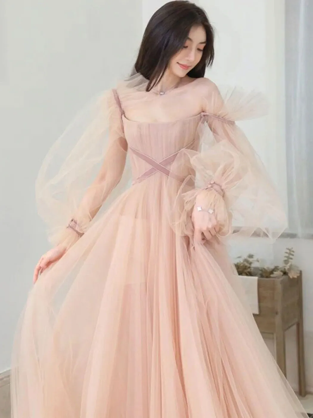 Champagne Aline Tulle Long Prom Dresses, Long Formal Graduation Dresses