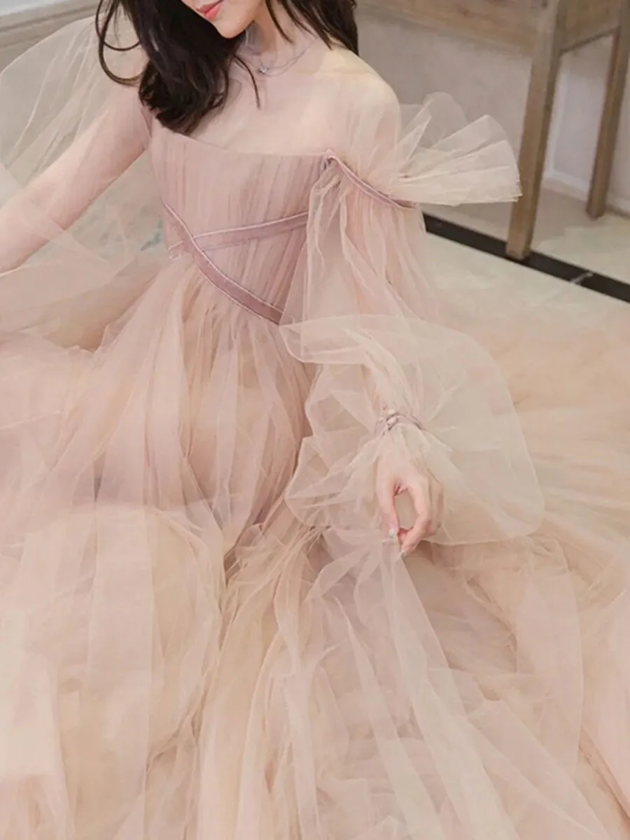 Champagne Aline Tulle Long Prom Dresses, Long Formal Graduation Dresses