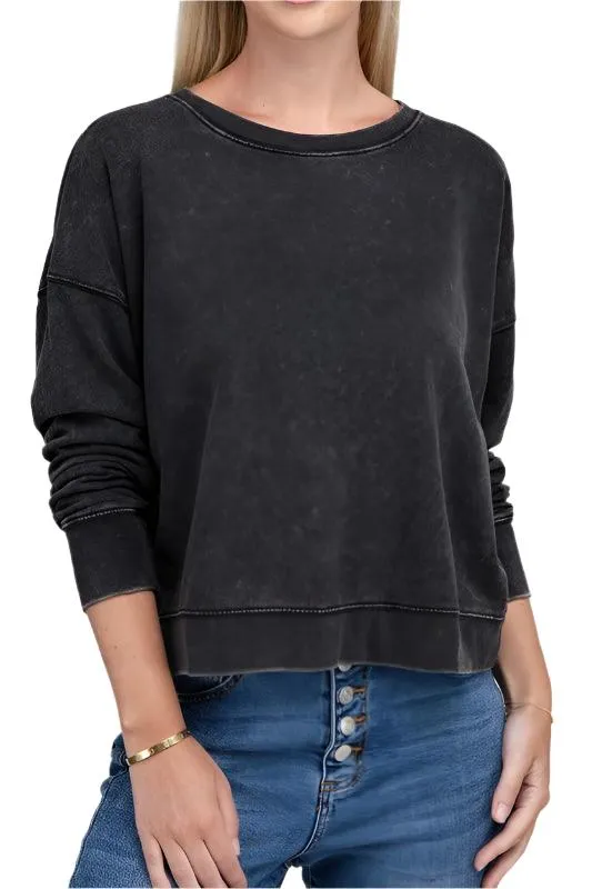 French Terry Acid Wash Boat Neck Pullover