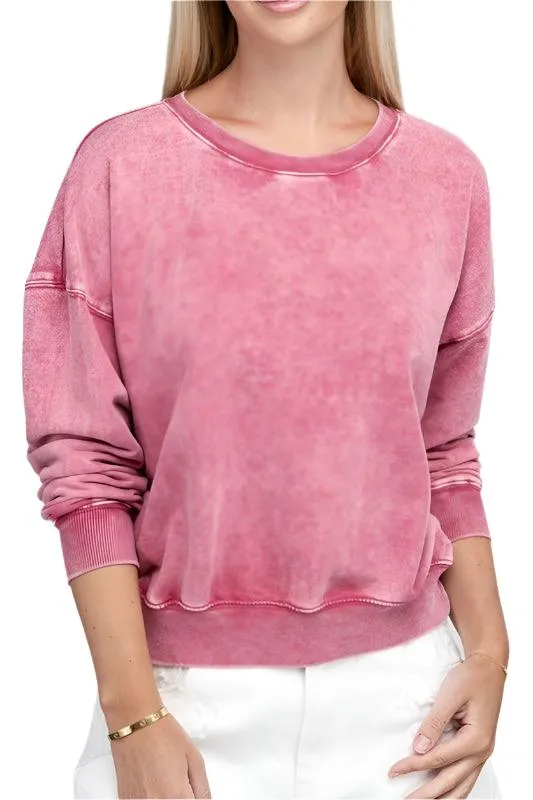 French Terry Acid Wash Boat Neck Pullover