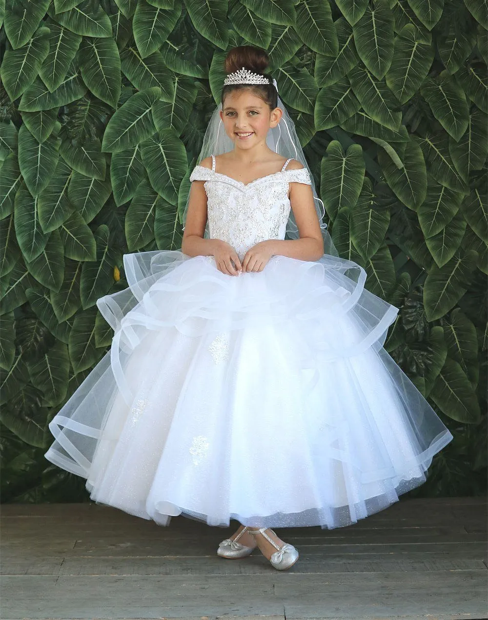Girls Long Off Shoulder Layered Dress by Calla KY223