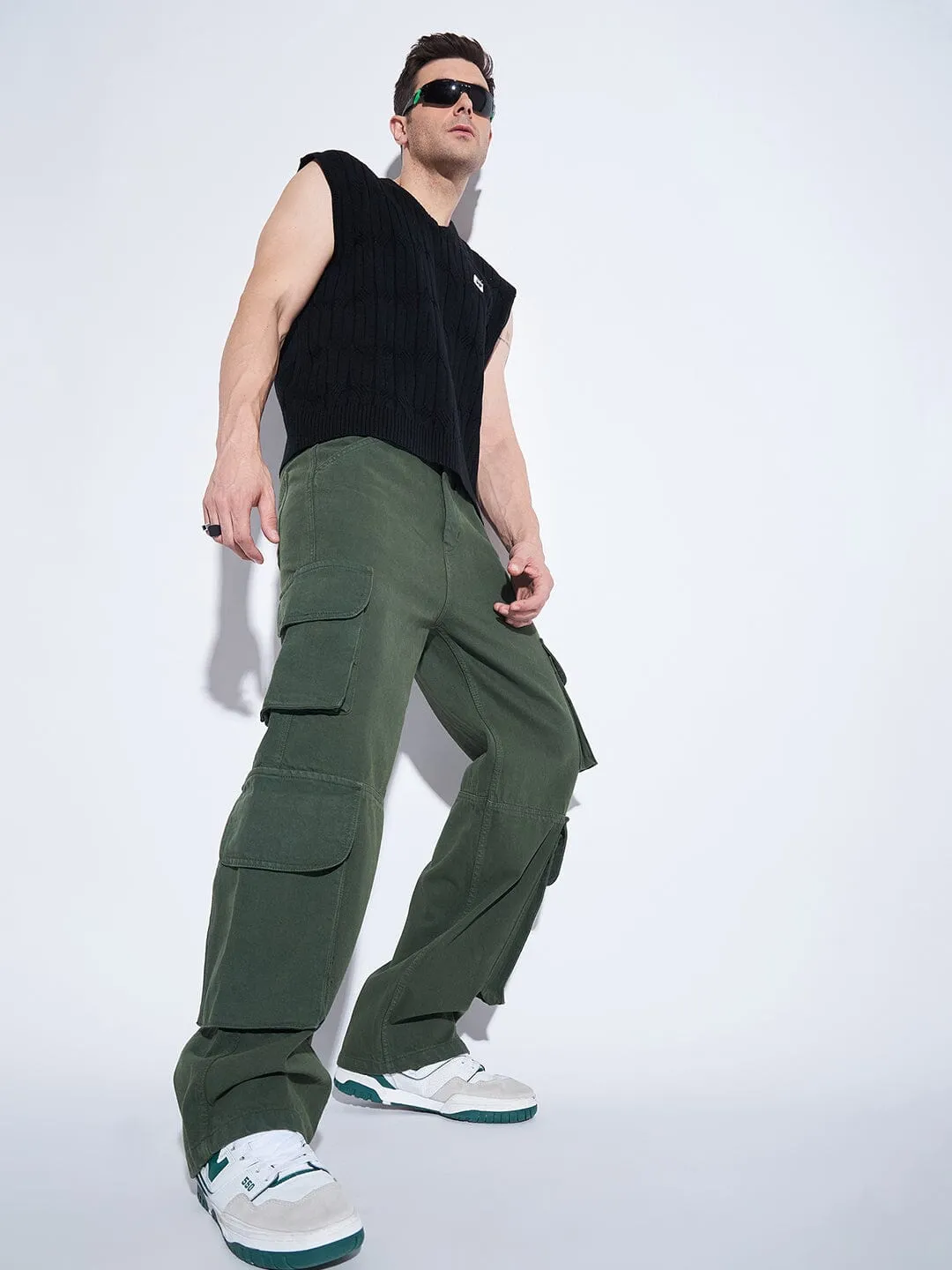 Green Washed Cargo Baggy Denim