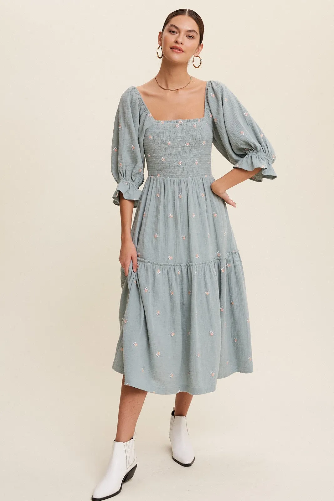Karina Smocked Floral Midi Dress - Sage