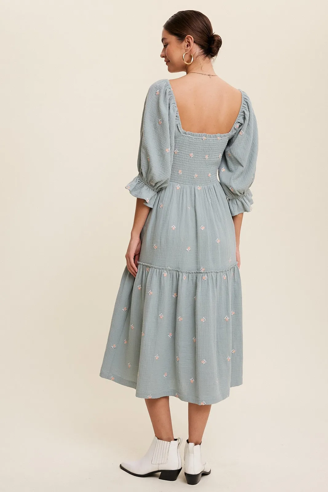 Karina Smocked Floral Midi Dress - Sage
