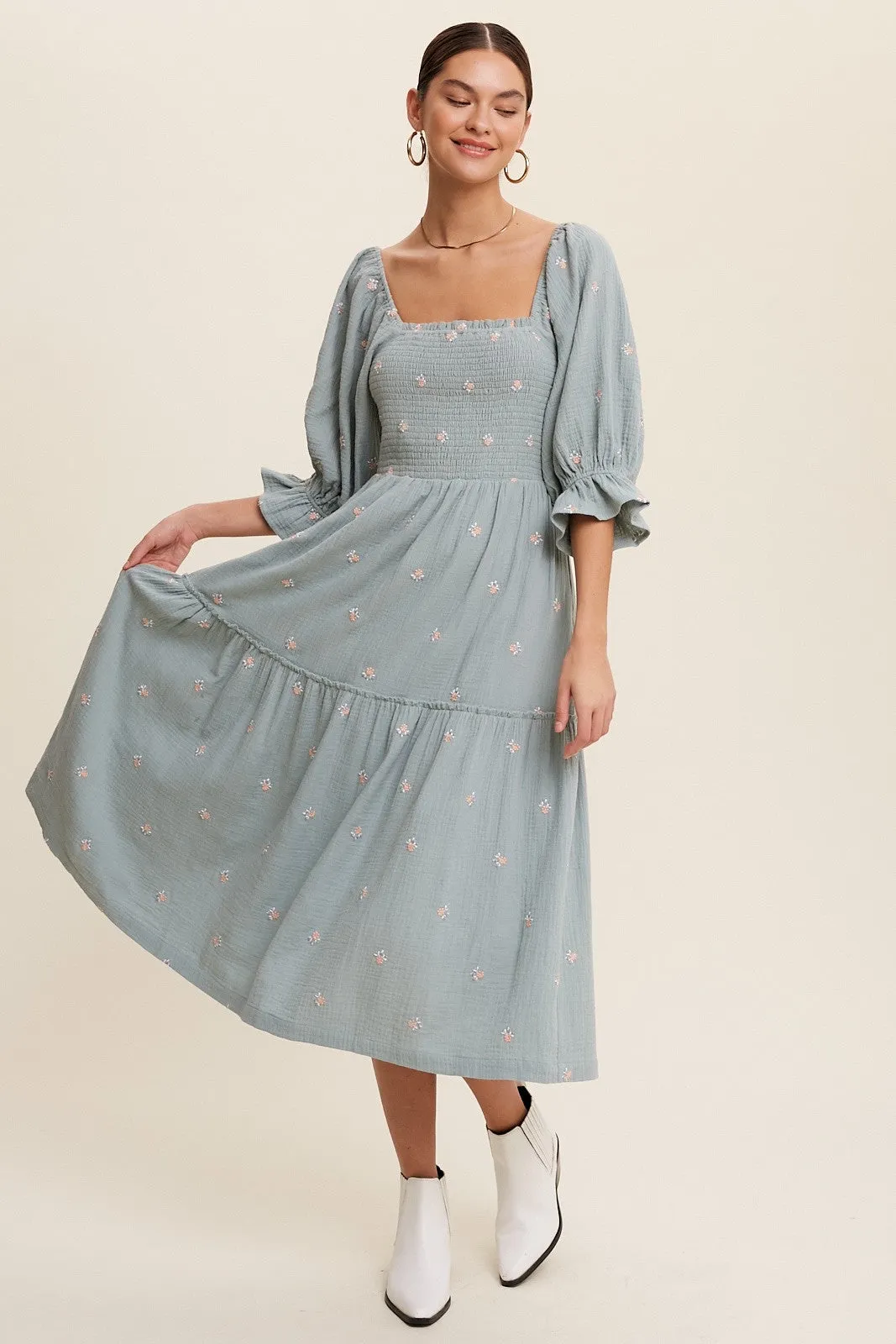 Karina Smocked Floral Midi Dress - Sage