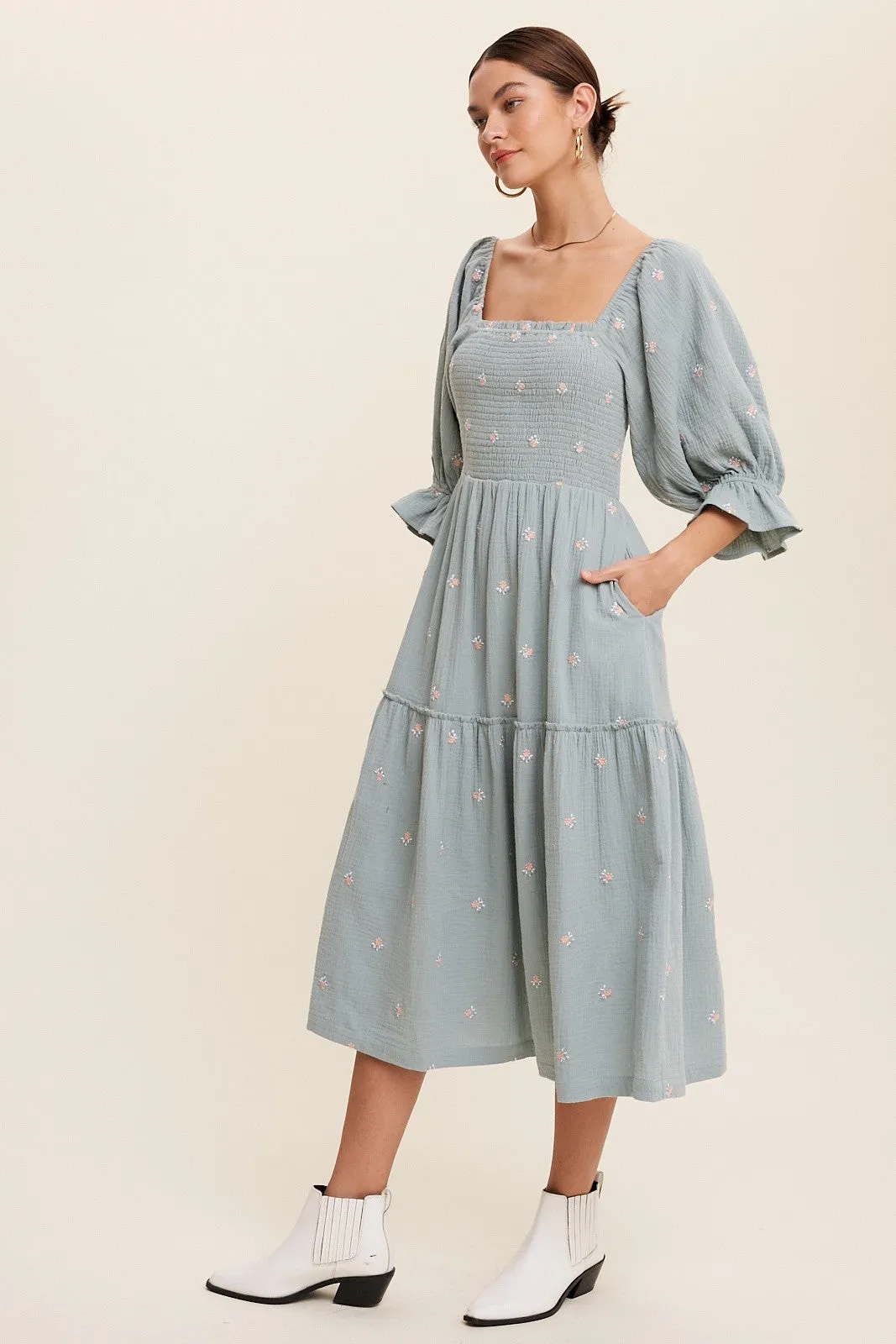 Karina Smocked Floral Midi Dress - Sage