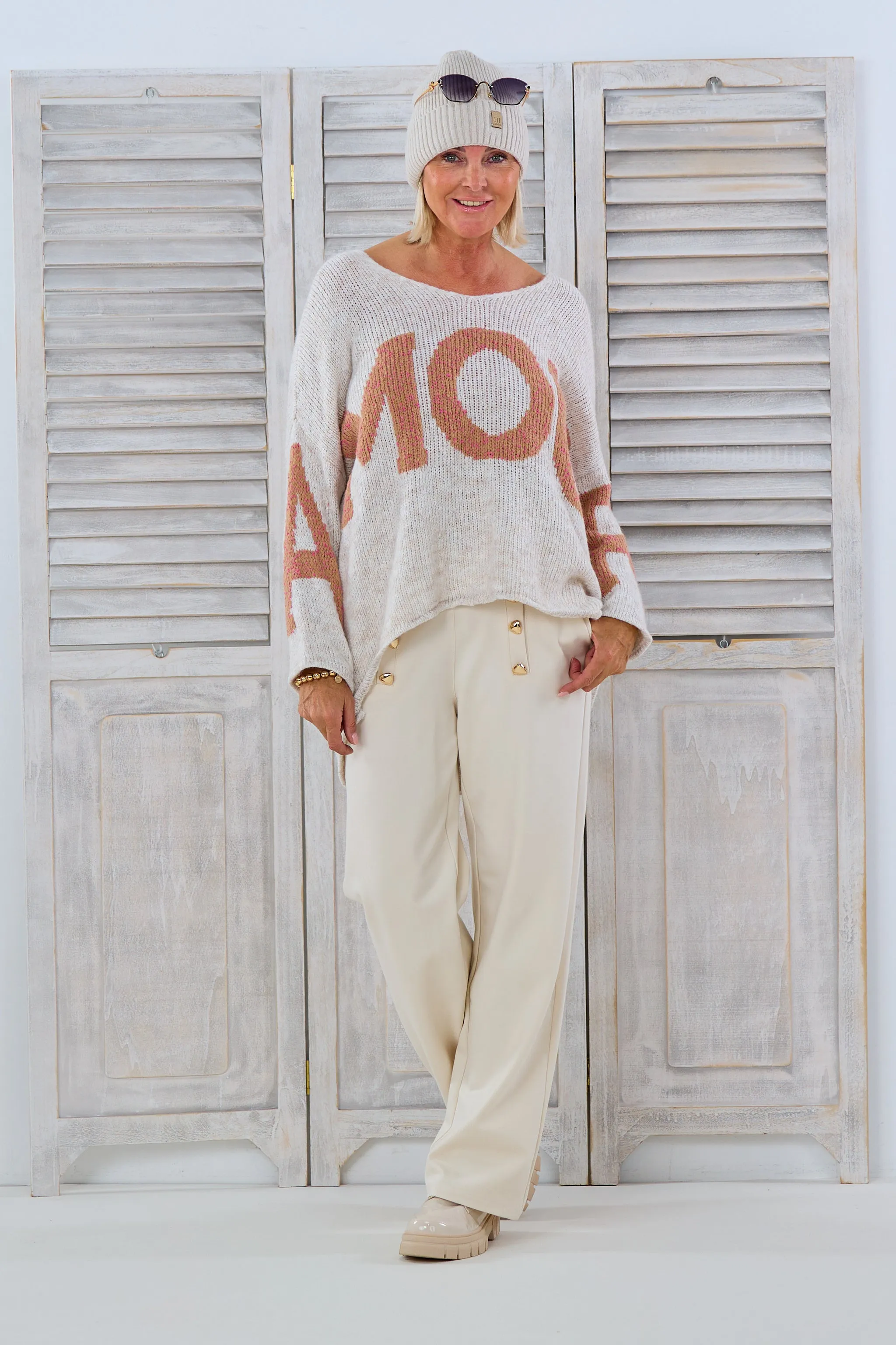 Oversized Strickpulli mit Amour-Schriftzug, beige melange