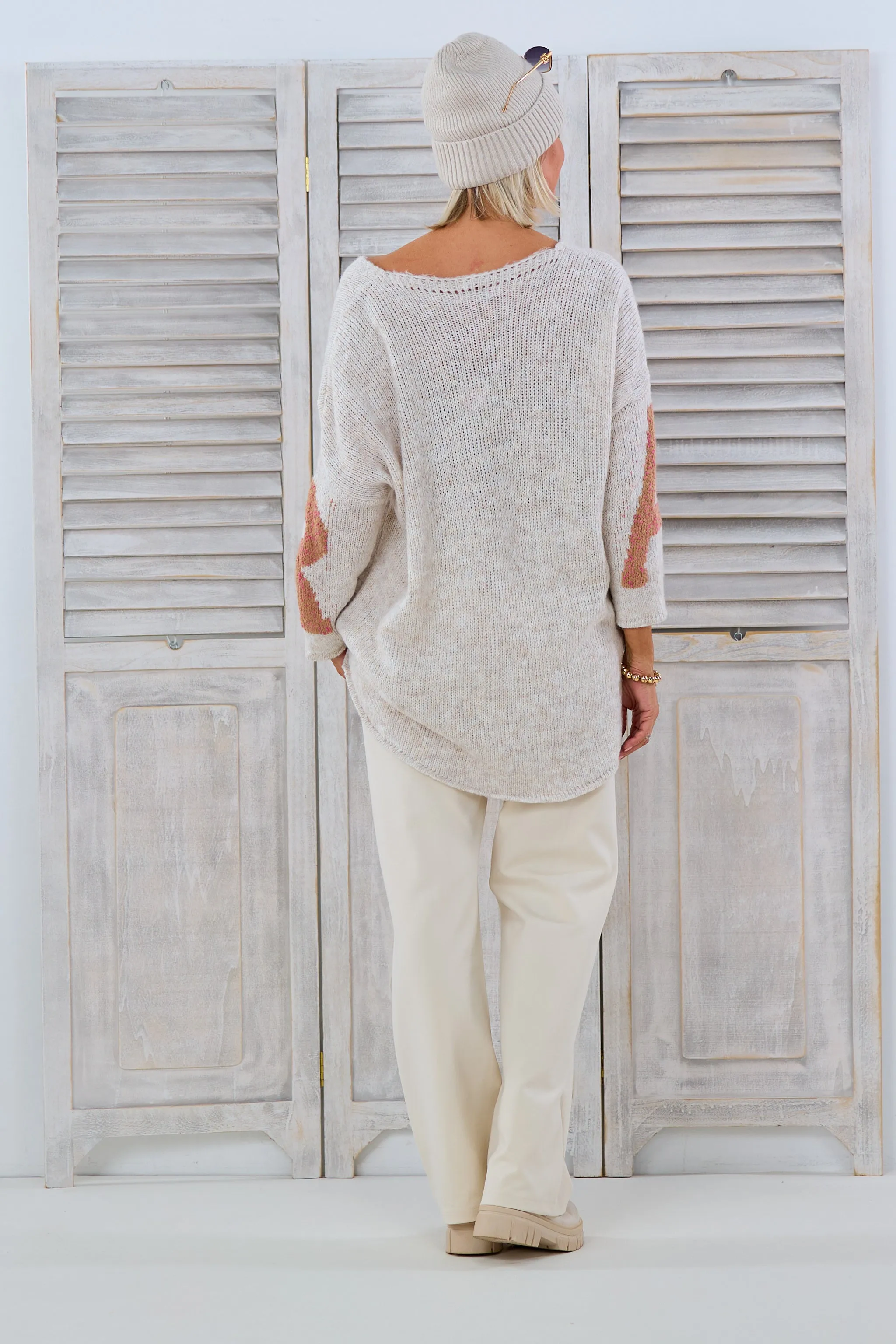 Oversized Strickpulli mit Amour-Schriftzug, beige melange