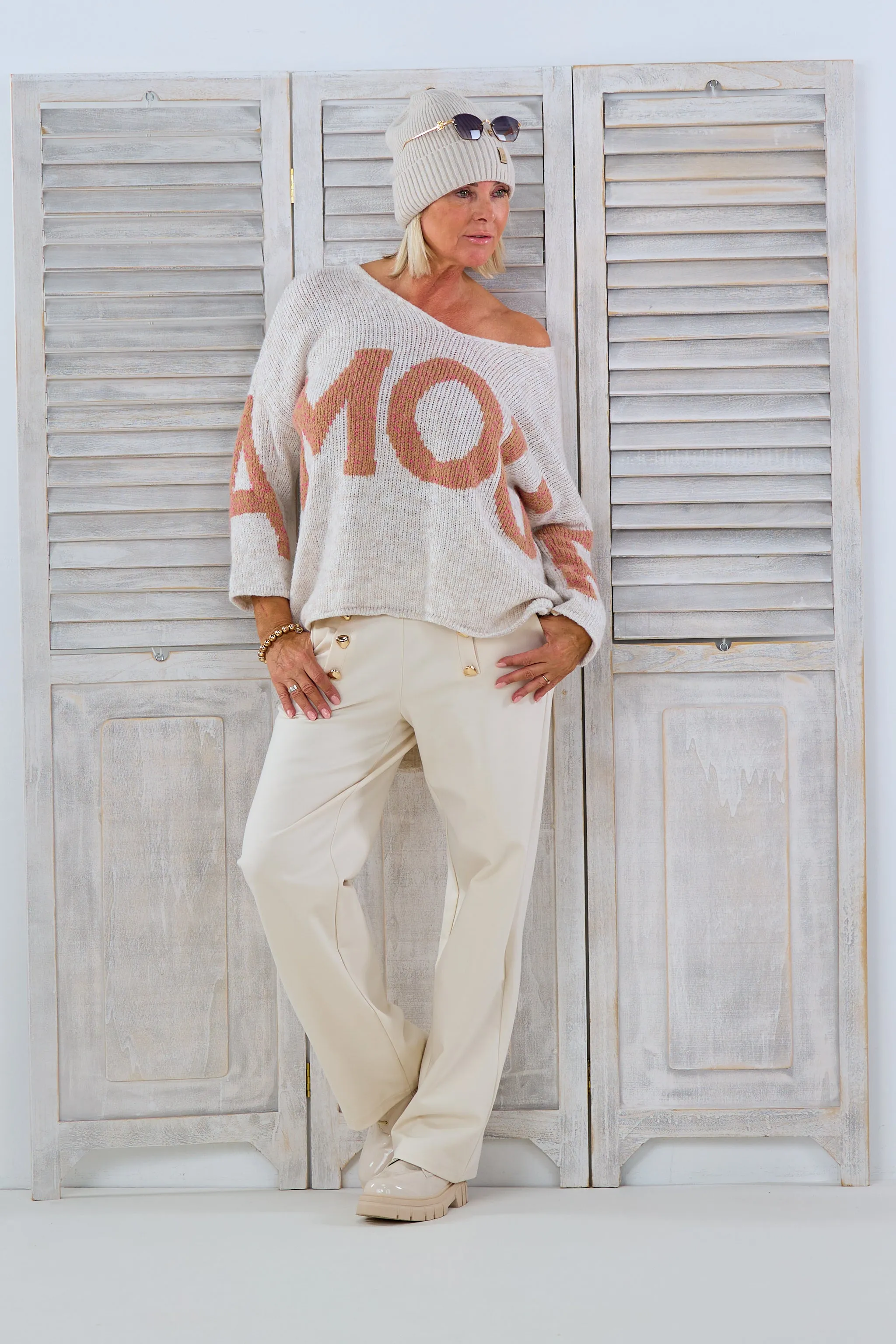 Oversized Strickpulli mit Amour-Schriftzug, beige melange