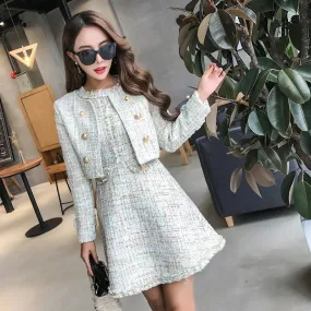 Tweed White Short Coat & Mini Tank Tassel Wool Suits