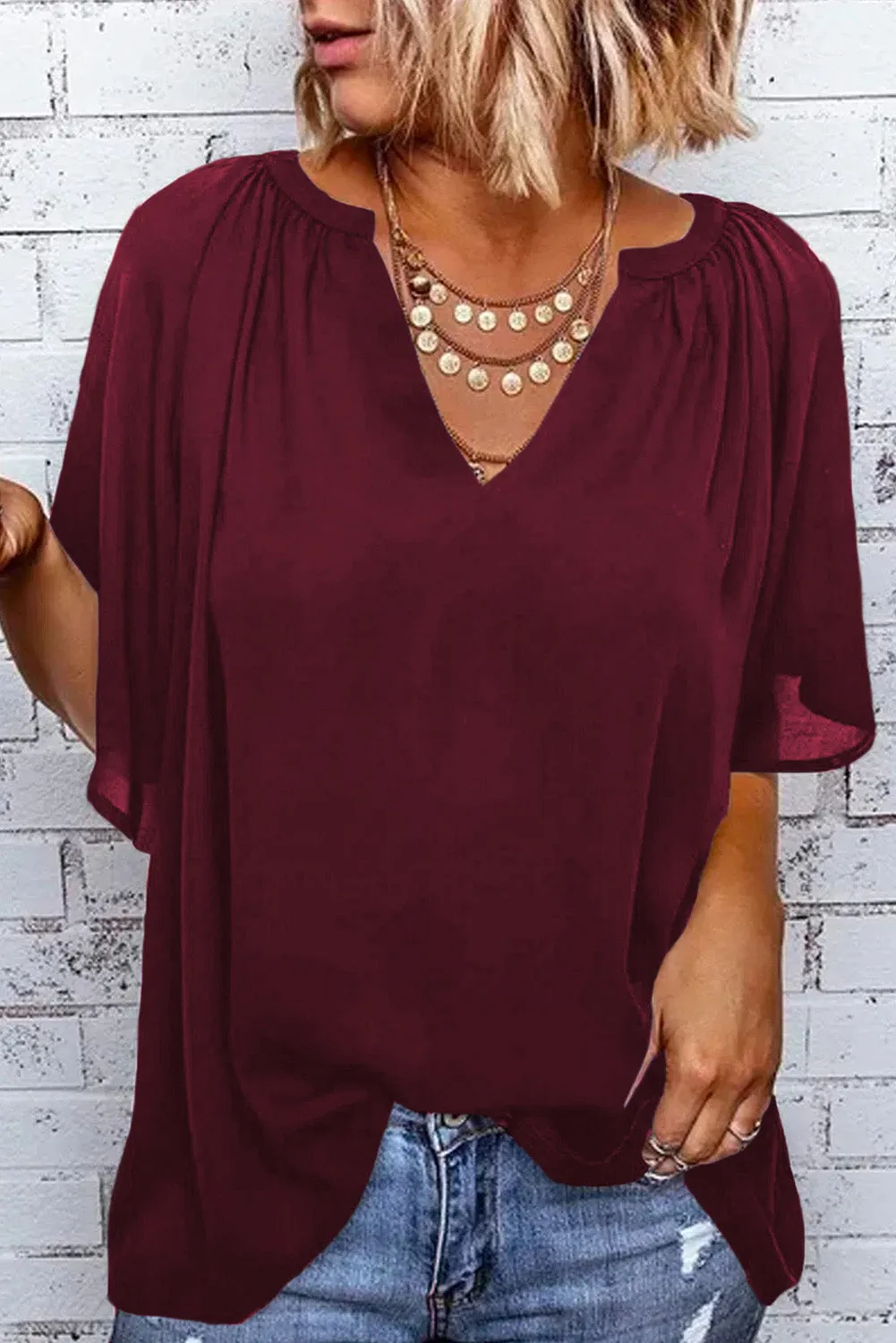Women Flutter Sleeve Split Neck Pleated Loose Blouse