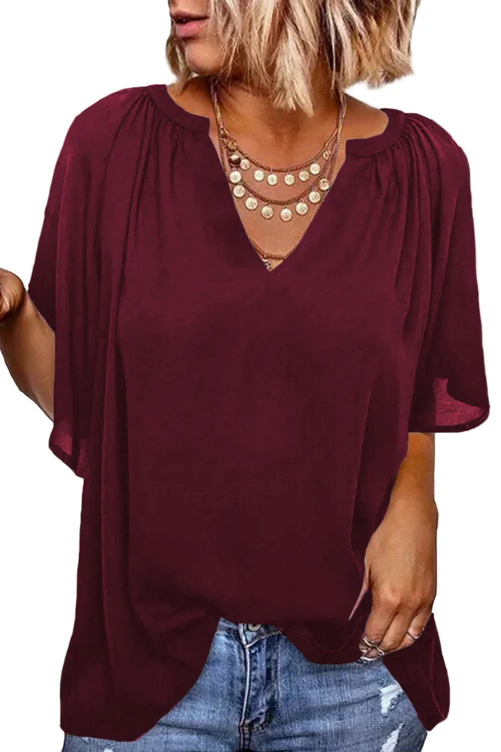 Women Flutter Sleeve Split Neck Pleated Loose Blouse