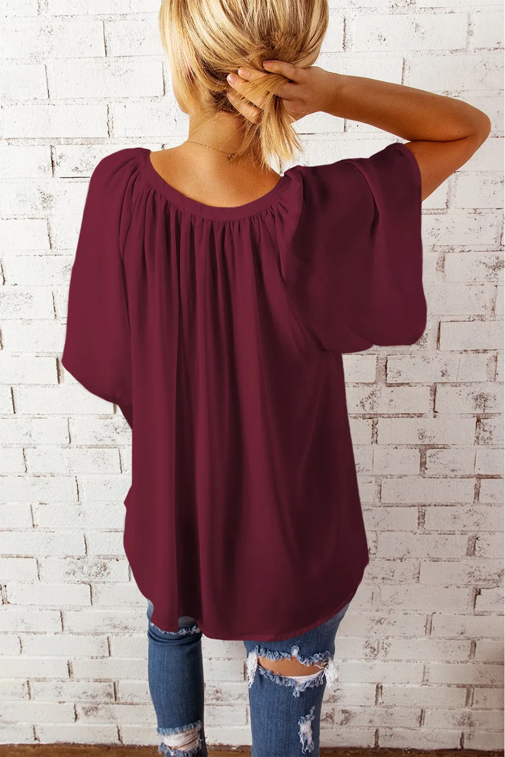 Women Flutter Sleeve Split Neck Pleated Loose Blouse