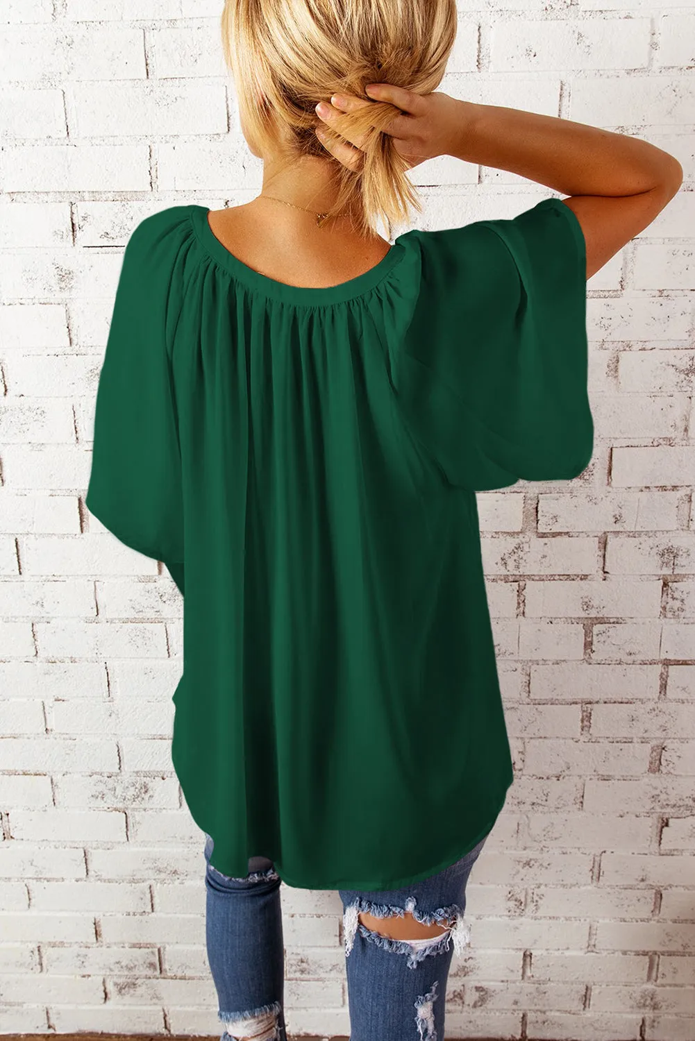Women Flutter Sleeve Split Neck Pleated Loose Blouse