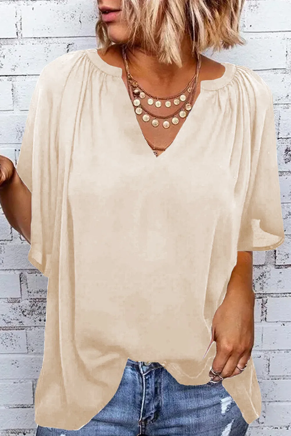 Women Flutter Sleeve Split Neck Pleated Loose Blouse
