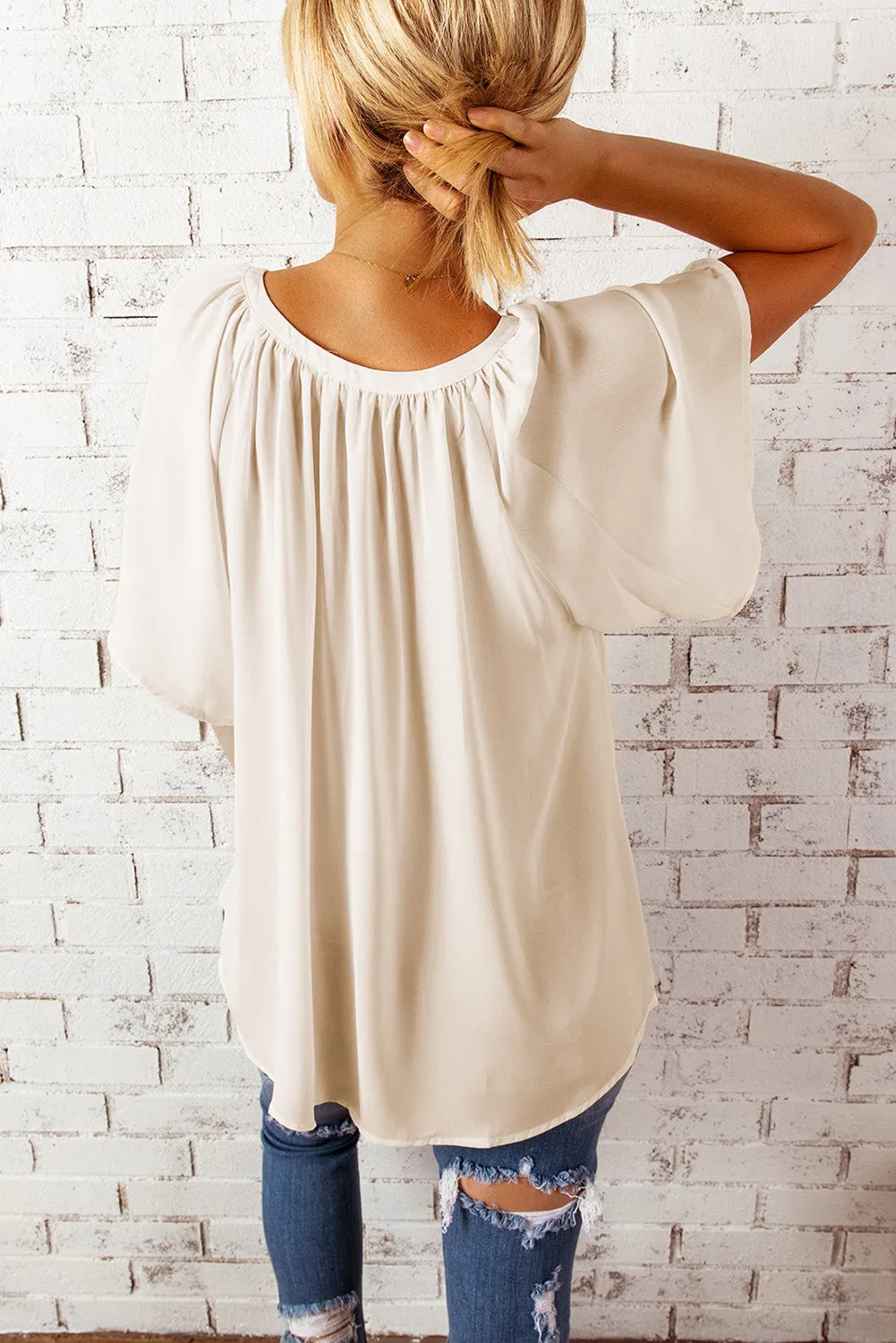Women Flutter Sleeve Split Neck Pleated Loose Blouse