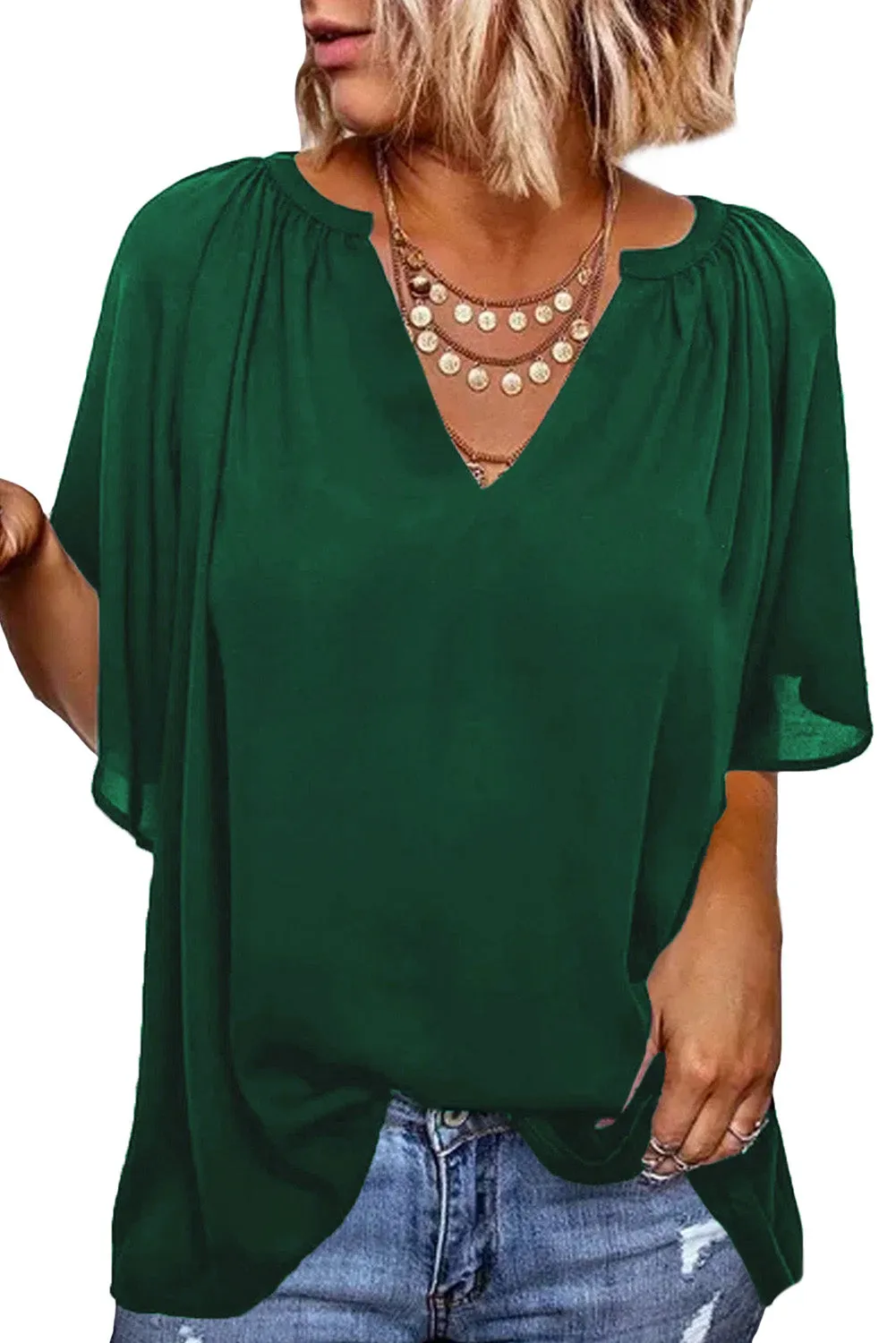 Women Flutter Sleeve Split Neck Pleated Loose Blouse
