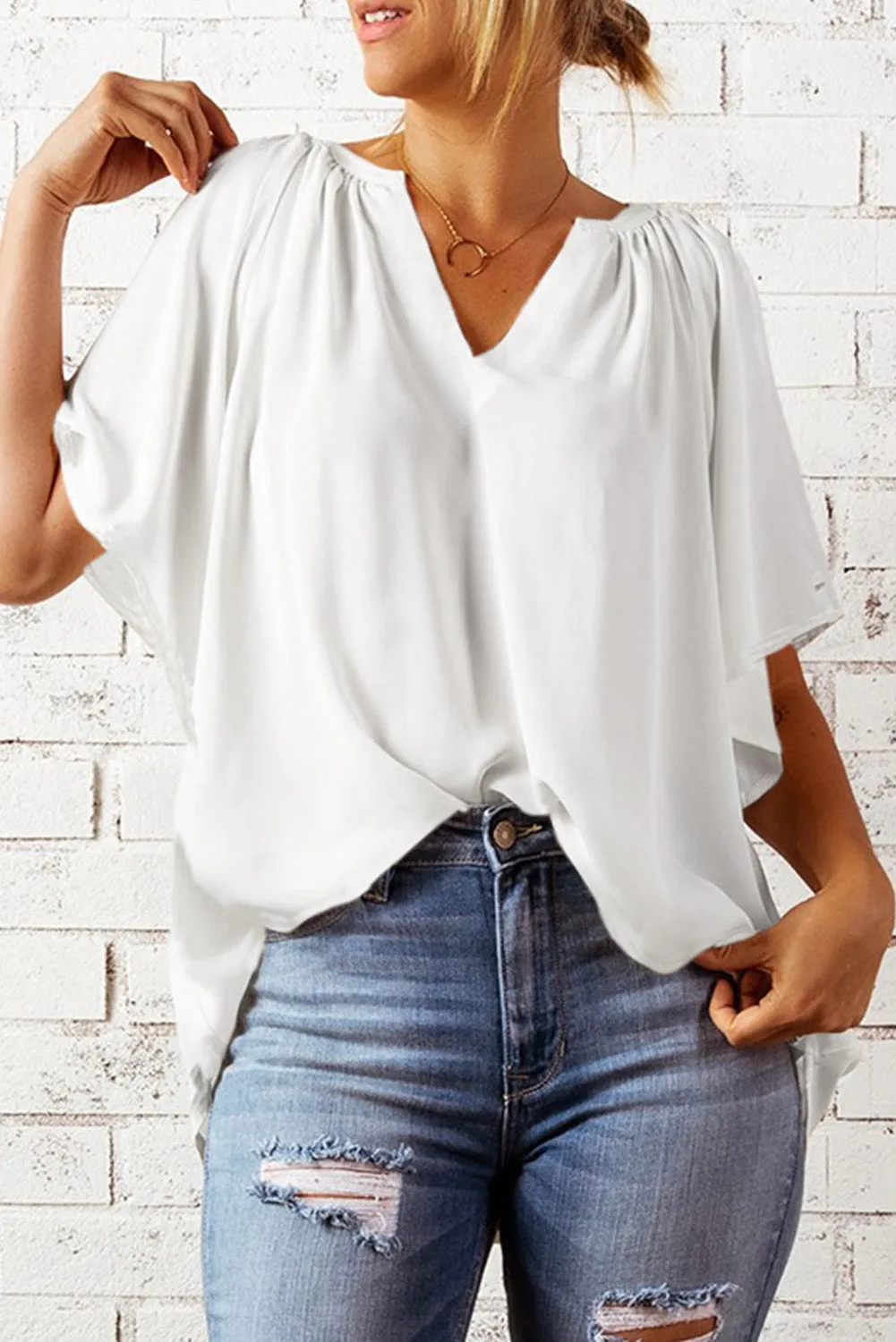 Women Flutter Sleeve Split Neck Pleated Loose Blouse
