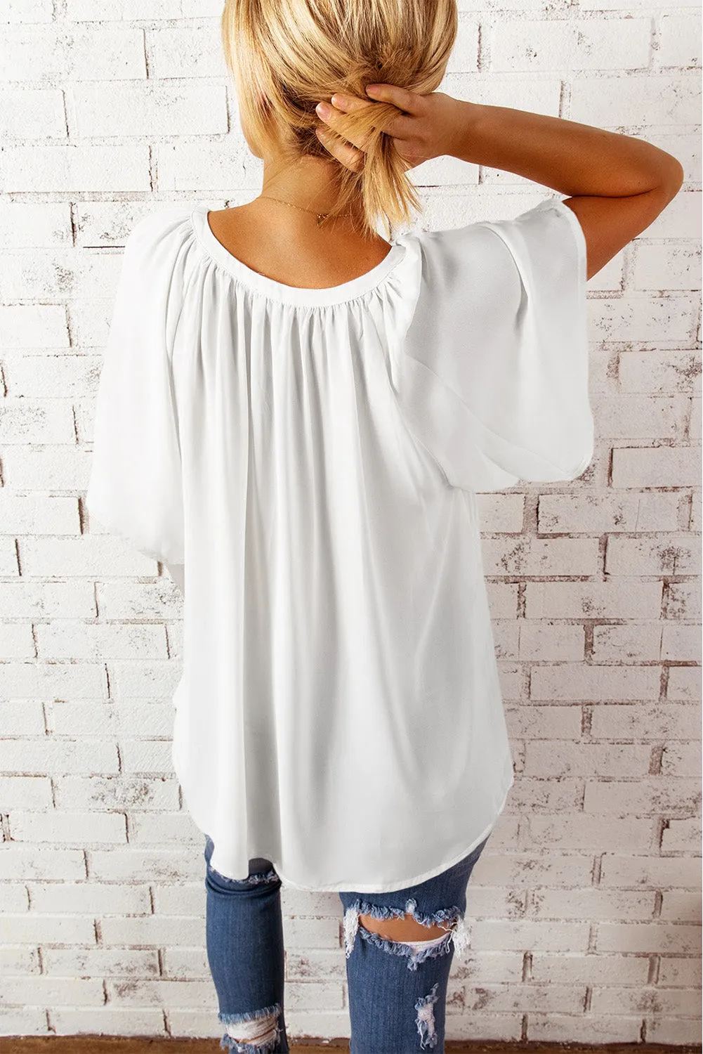 Women Flutter Sleeve Split Neck Pleated Loose Blouse