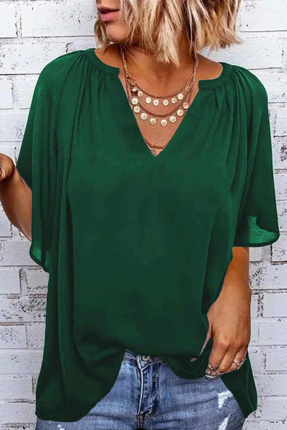Women Flutter Sleeve Split Neck Pleated Loose Blouse