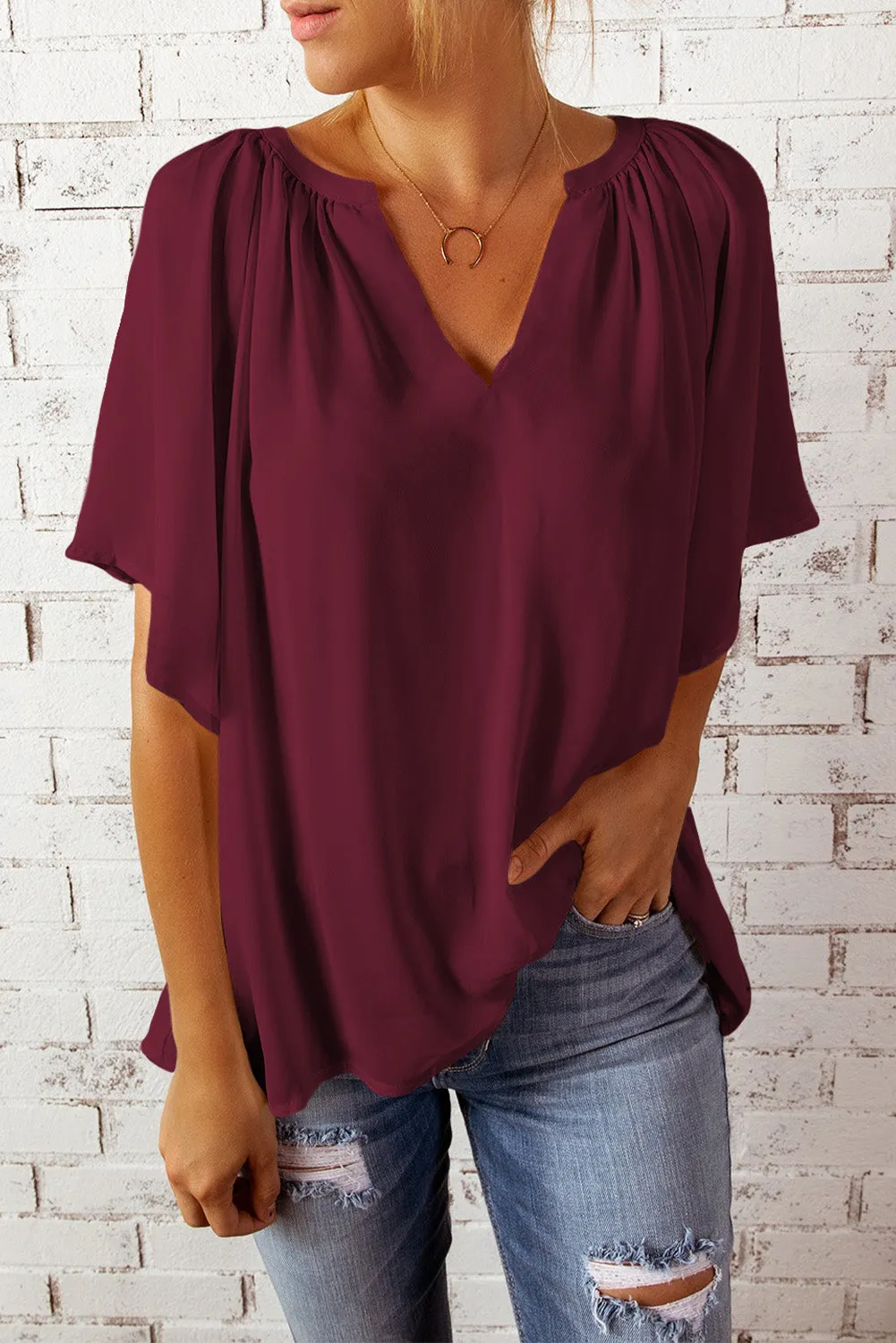 Women Flutter Sleeve Split Neck Pleated Loose Blouse