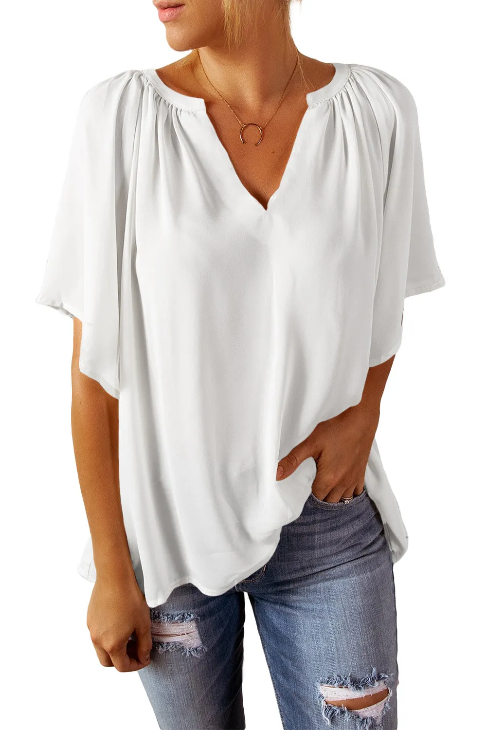 Women Flutter Sleeve Split Neck Pleated Loose Blouse