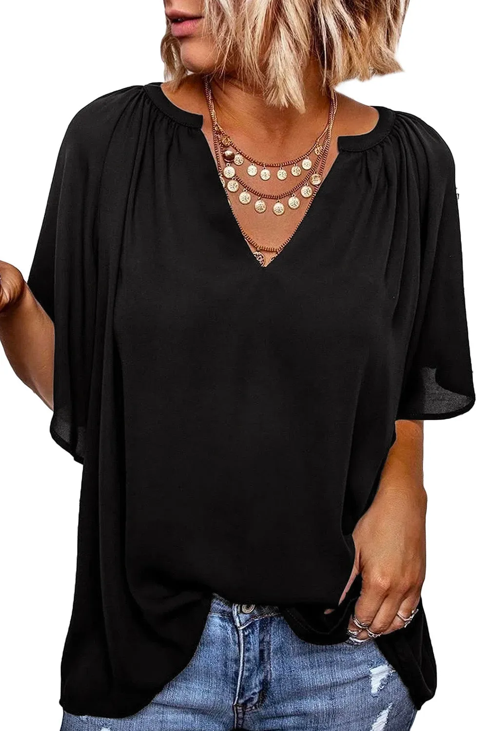 Women Flutter Sleeve Split Neck Pleated Loose Blouse