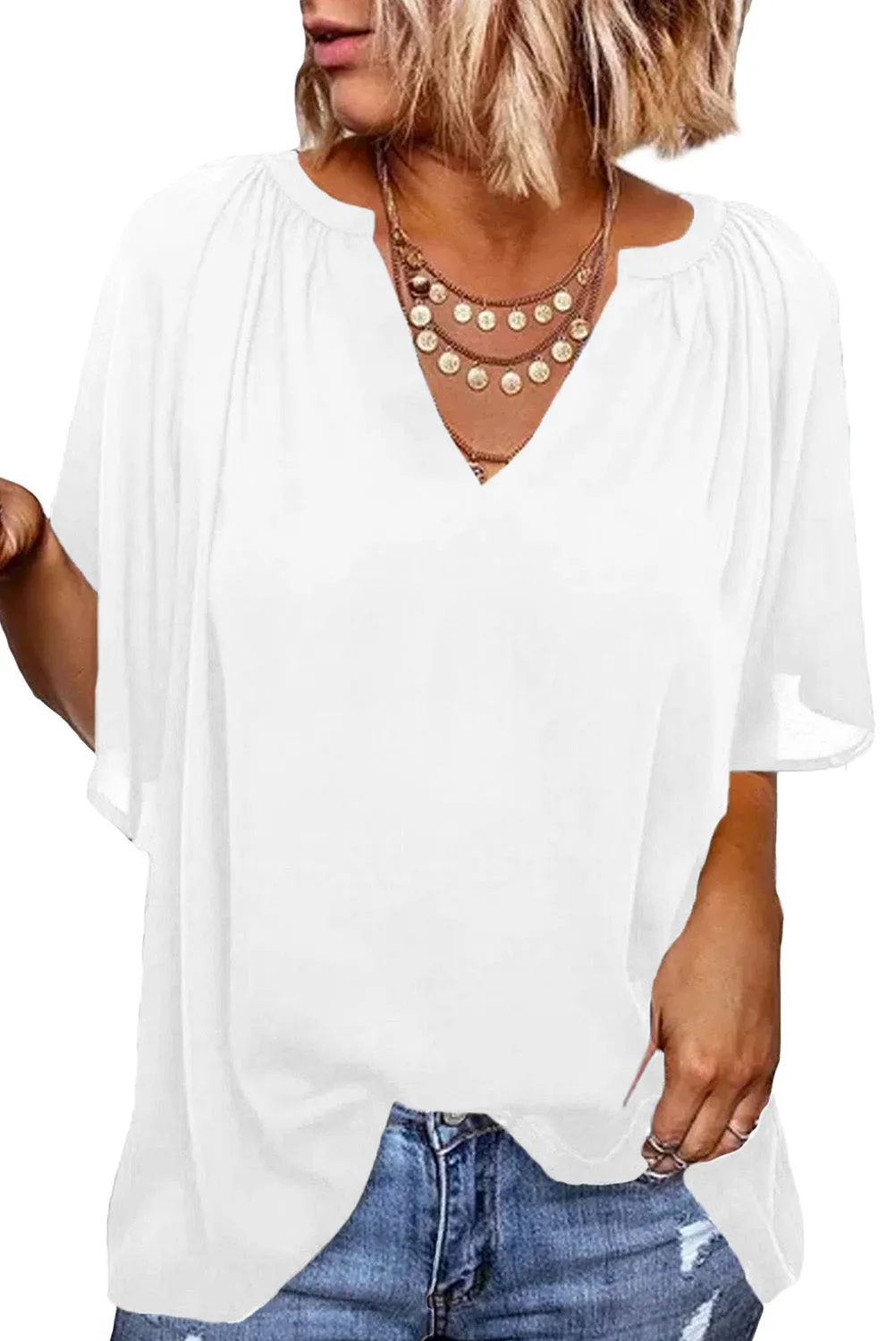 Women Flutter Sleeve Split Neck Pleated Loose Blouse