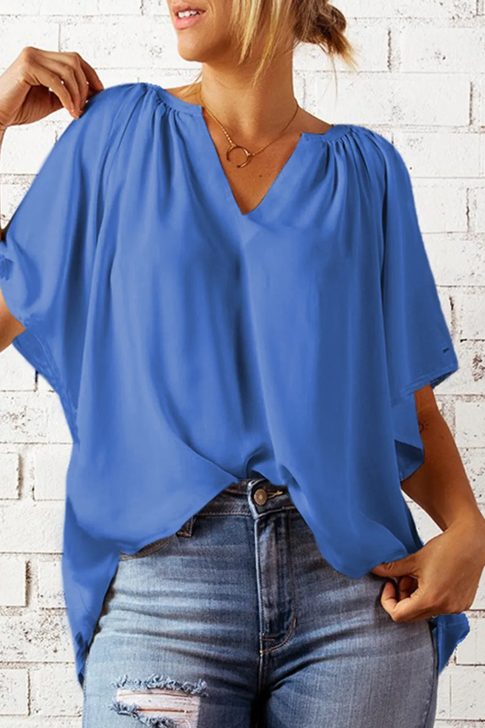 Women Flutter Sleeve Split Neck Pleated Loose Blouse