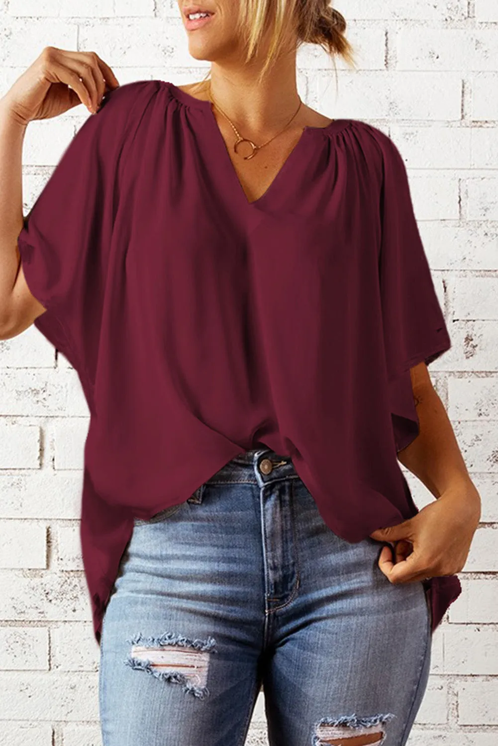 Women Flutter Sleeve Split Neck Pleated Loose Blouse