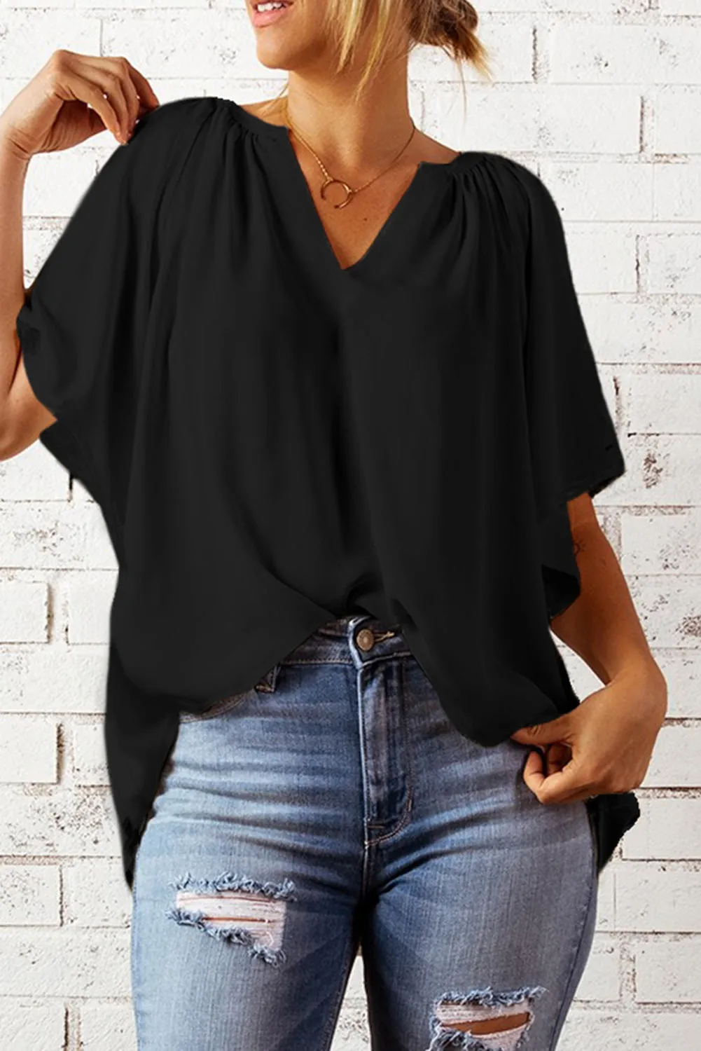 Women Flutter Sleeve Split Neck Pleated Loose Blouse