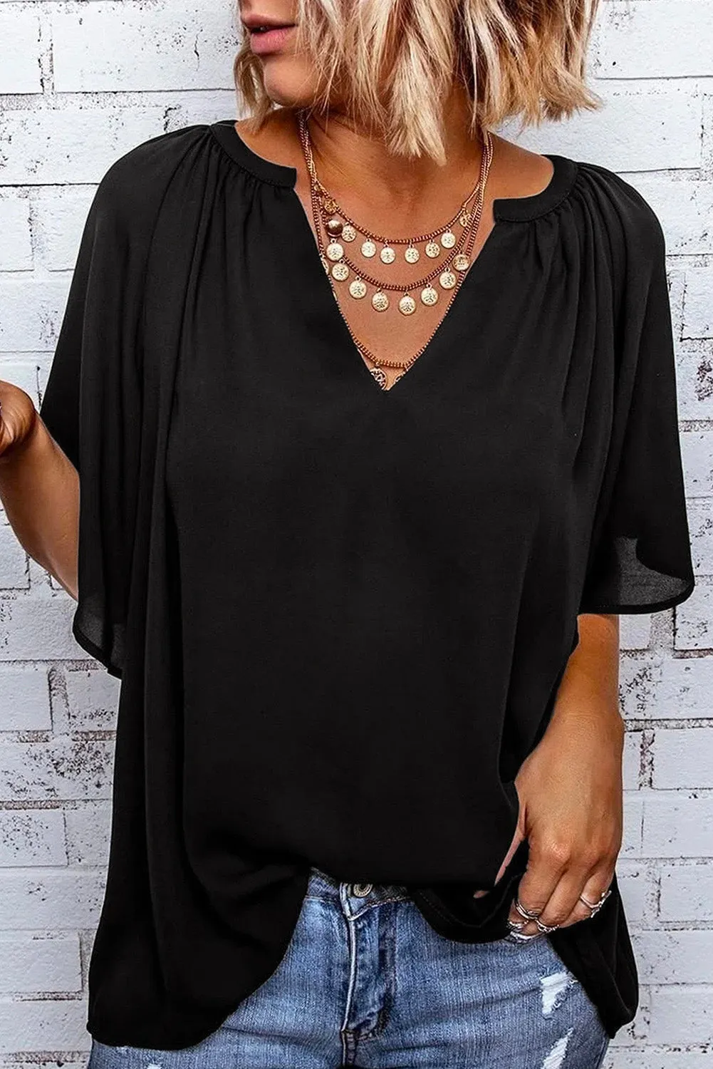 Women Flutter Sleeve Split Neck Pleated Loose Blouse