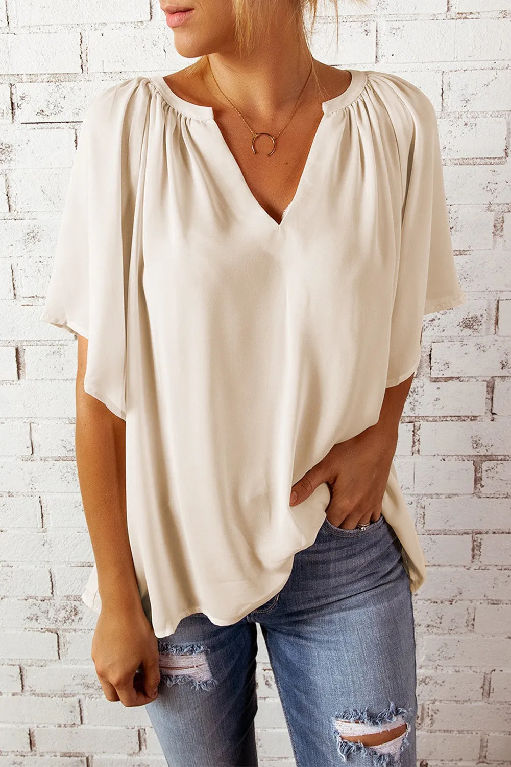 Women Flutter Sleeve Split Neck Pleated Loose Blouse