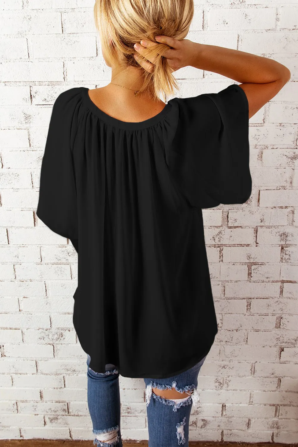 Women Flutter Sleeve Split Neck Pleated Loose Blouse