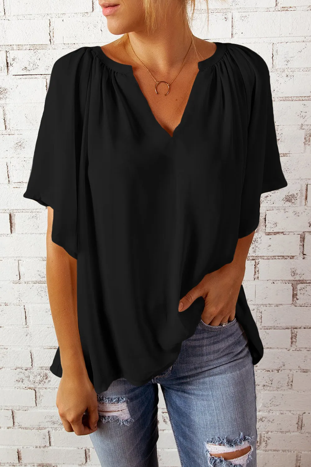 Women Flutter Sleeve Split Neck Pleated Loose Blouse