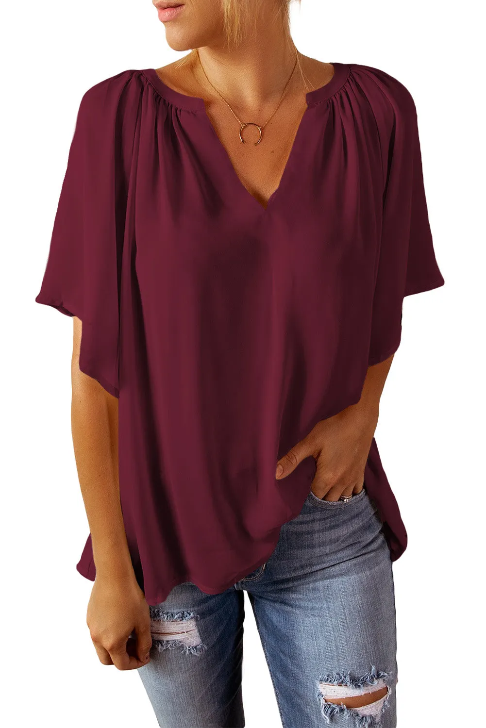 Women Flutter Sleeve Split Neck Pleated Loose Blouse