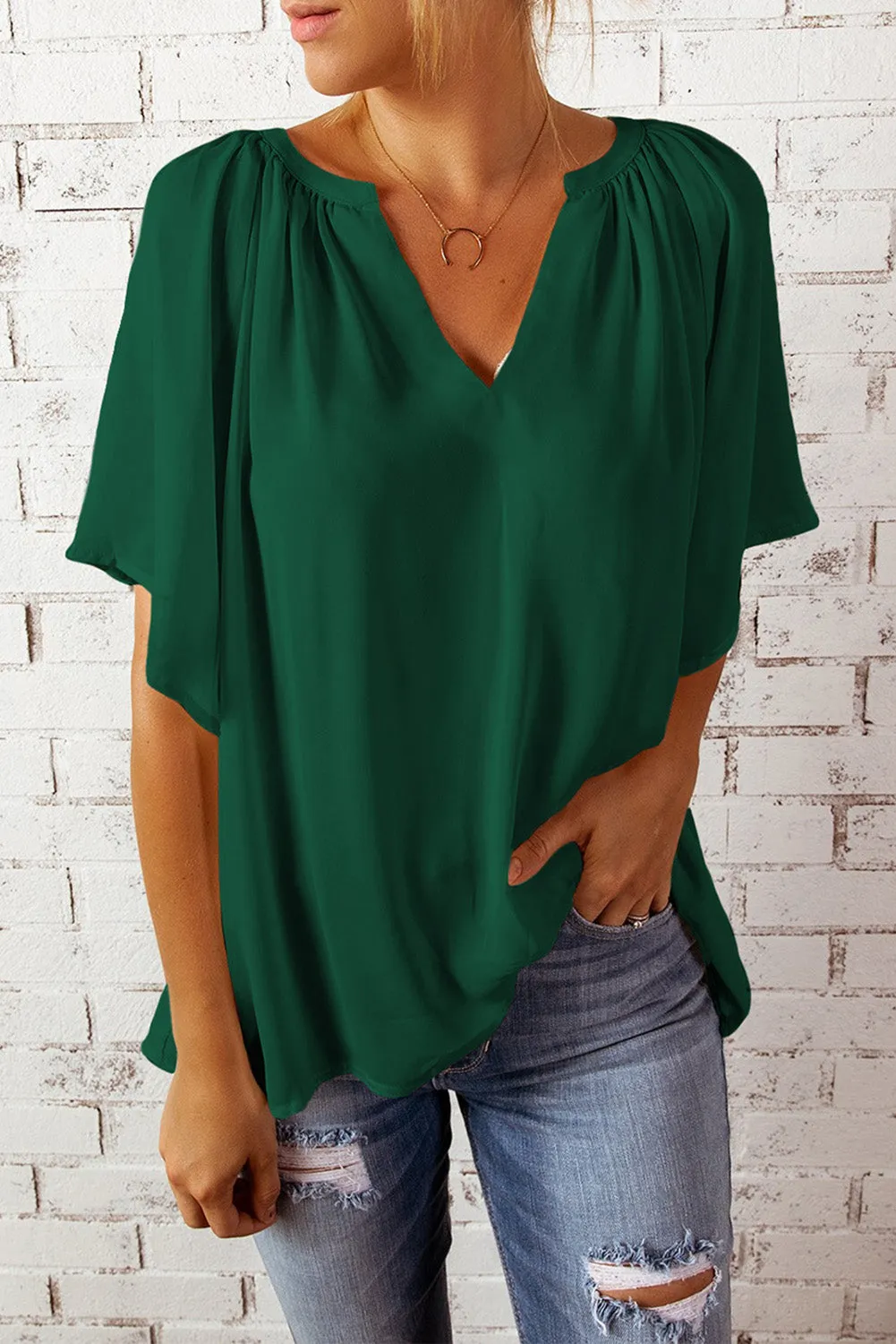 Women Flutter Sleeve Split Neck Pleated Loose Blouse