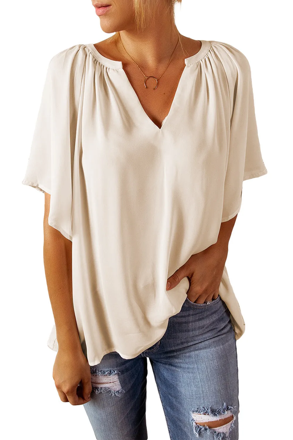 Women Flutter Sleeve Split Neck Pleated Loose Blouse