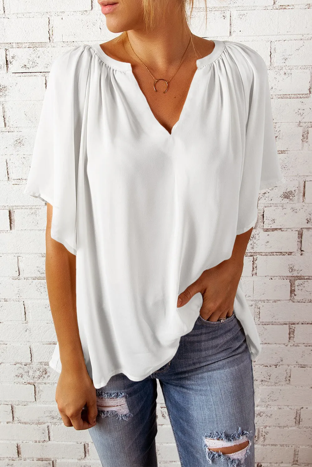 Women Flutter Sleeve Split Neck Pleated Loose Blouse