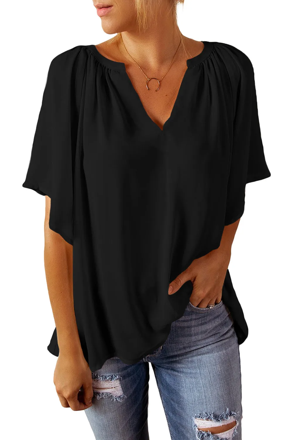Women Flutter Sleeve Split Neck Pleated Loose Blouse
