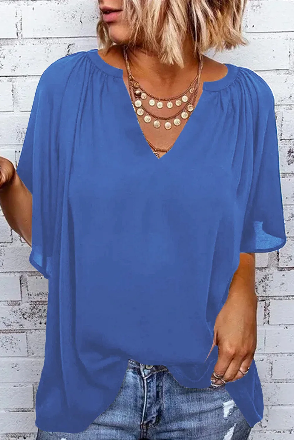 Women Flutter Sleeve Split Neck Pleated Loose Blouse
