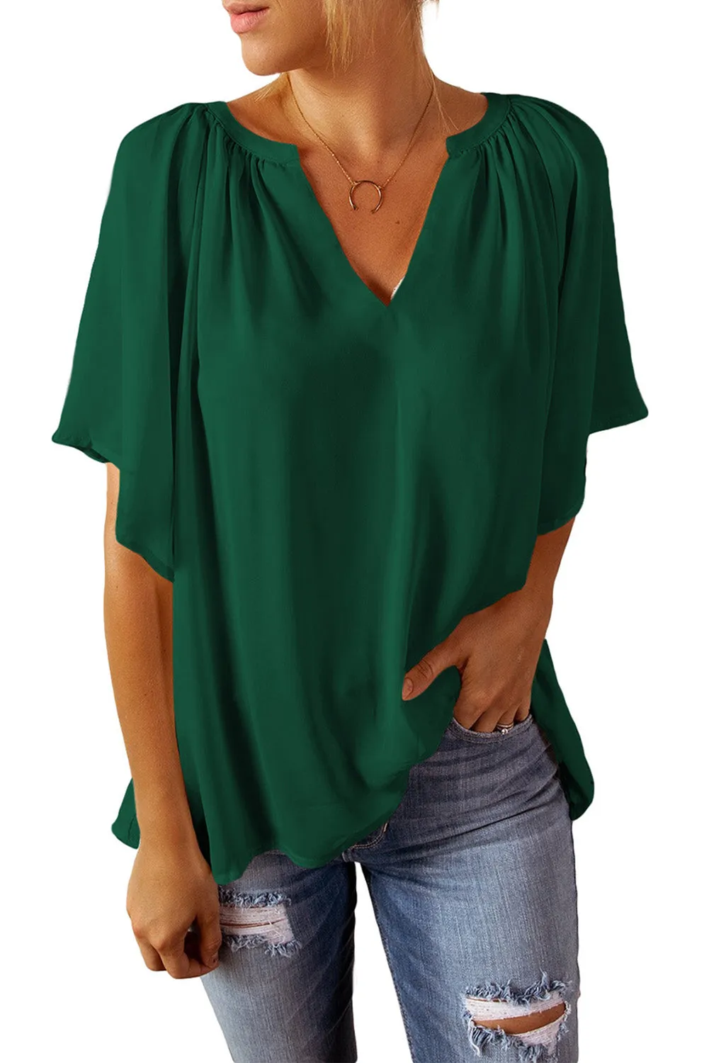 Women Flutter Sleeve Split Neck Pleated Loose Blouse
