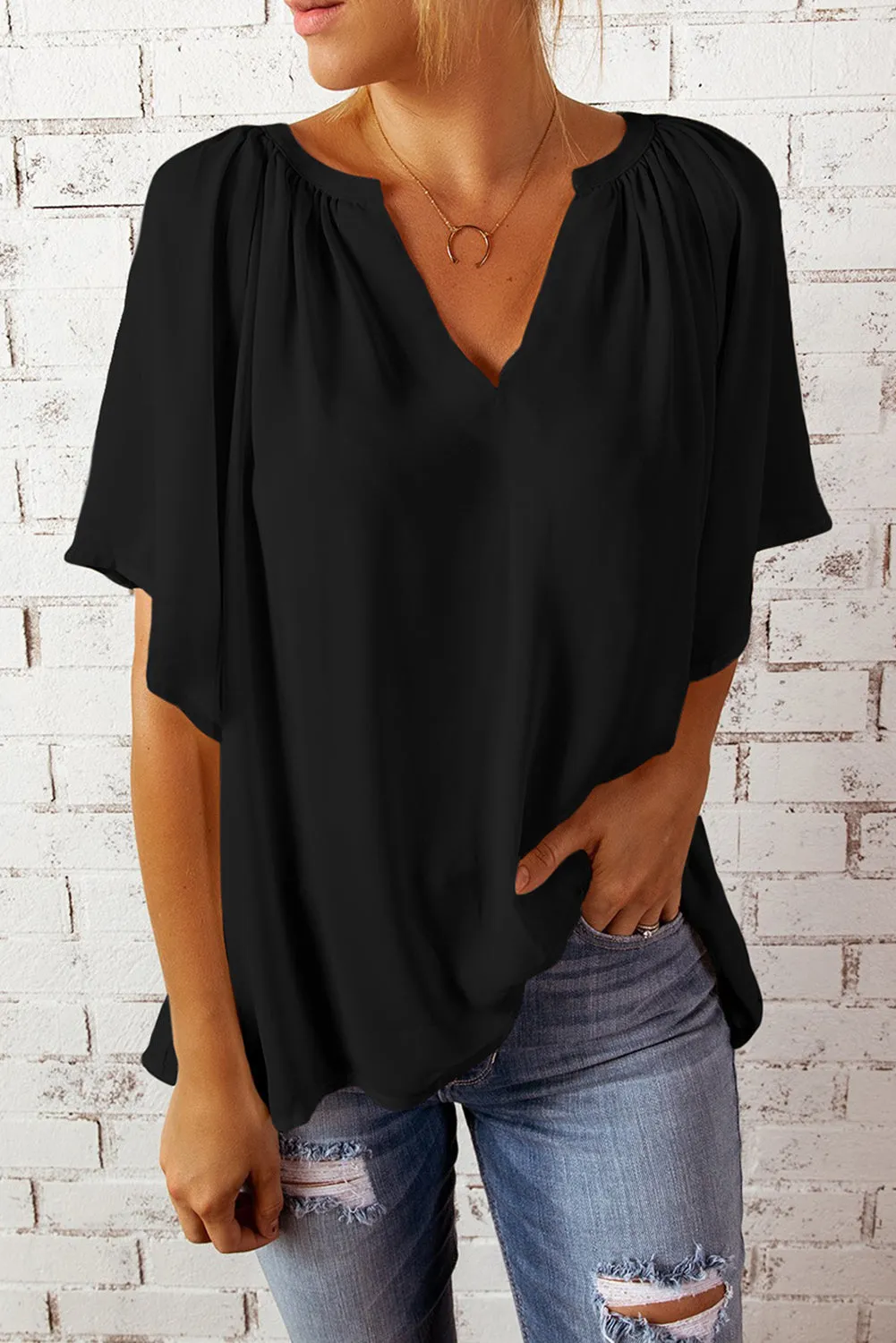 Women Flutter Sleeve Split Neck Pleated Loose Blouse