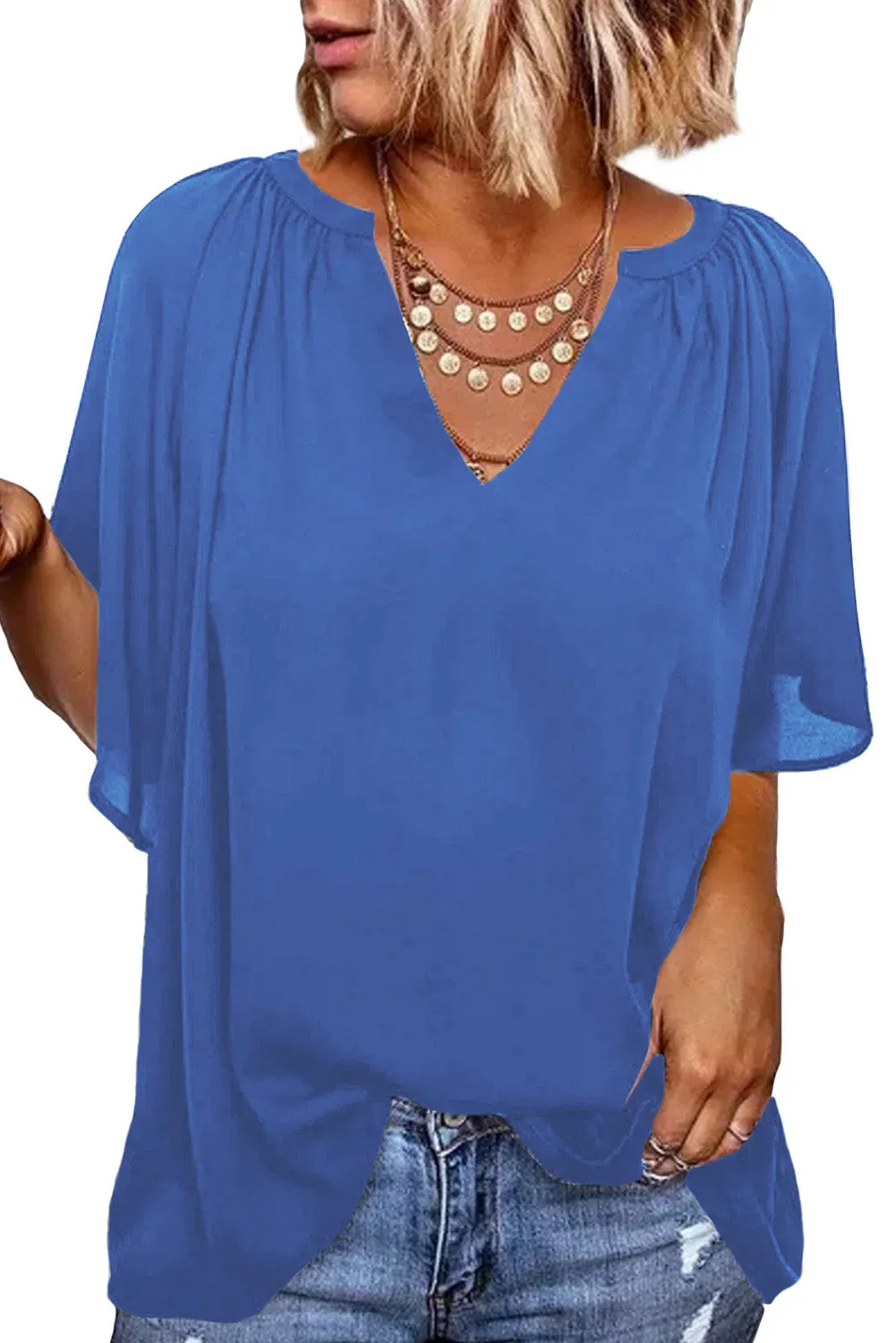 Women Flutter Sleeve Split Neck Pleated Loose Blouse