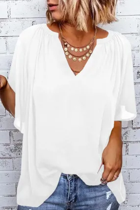 Women Flutter Sleeve Split Neck Pleated Loose Blouse