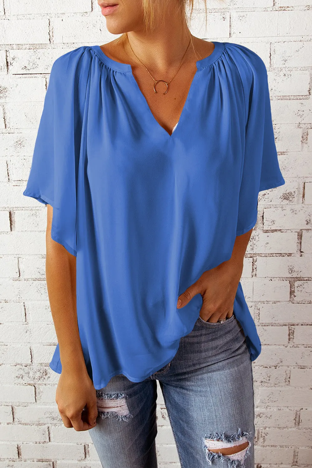 Women Flutter Sleeve Split Neck Pleated Loose Blouse