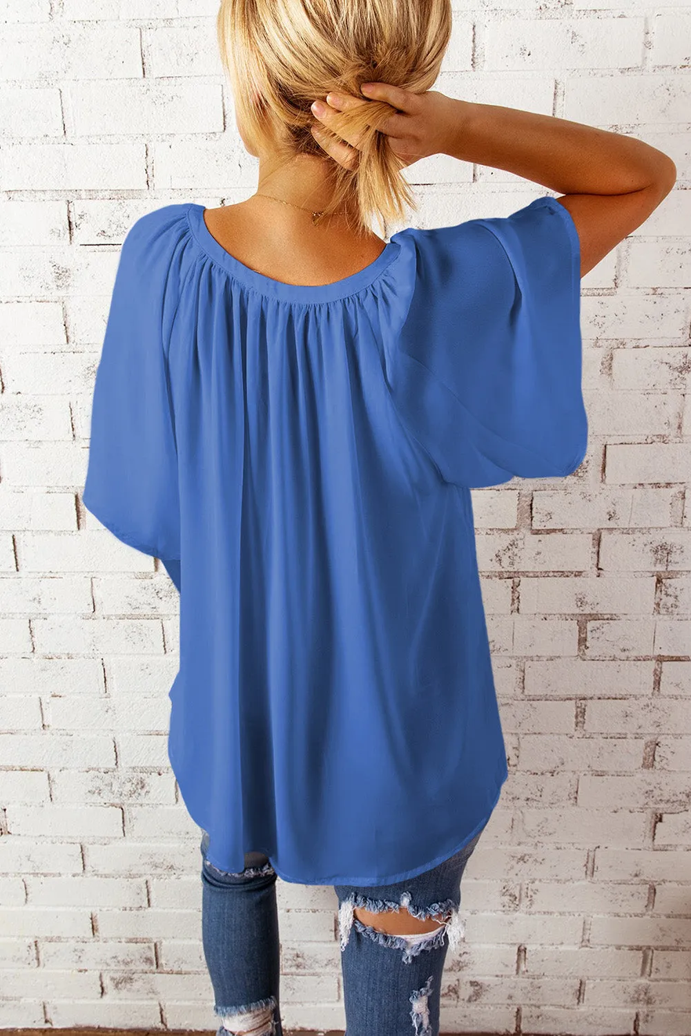 Women Flutter Sleeve Split Neck Pleated Loose Blouse